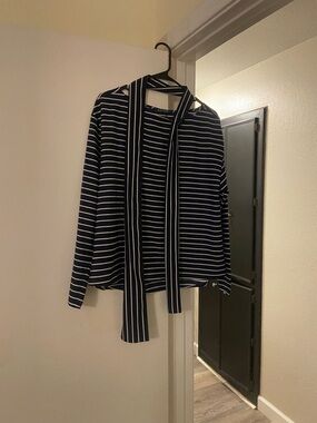 Ralph Lauren Navy and White Striped Tie-Neck Blouse